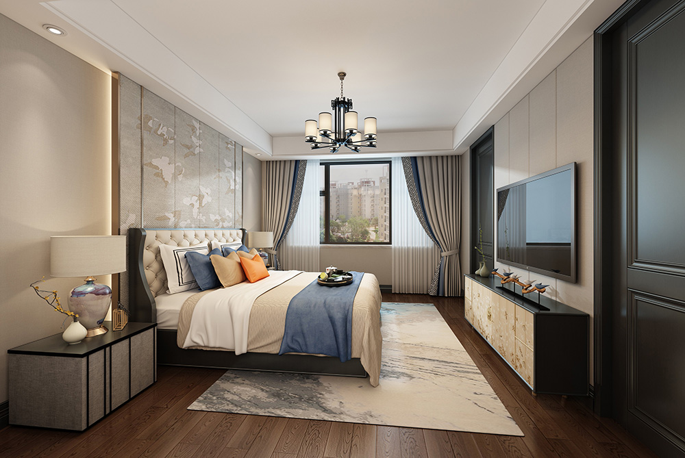 新中式風格室內裝修設計效果圖-博澳城復式235平米-室內主臥裝修設計