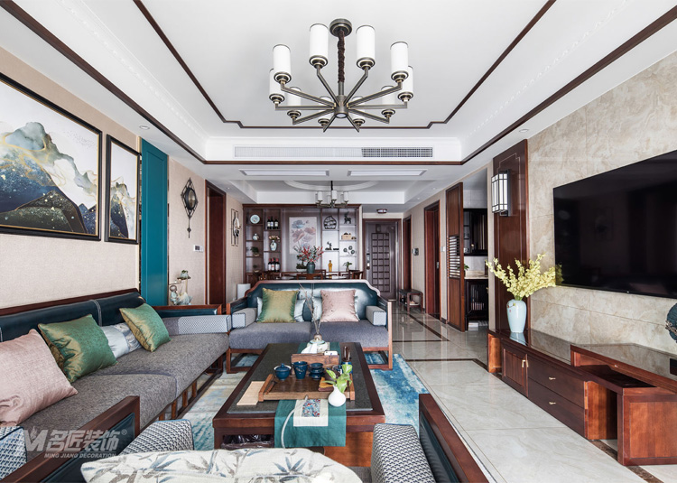 新中式風格室內裝修設計效果圖-保利外灘一號三居112平米-室內裝修設計客廳