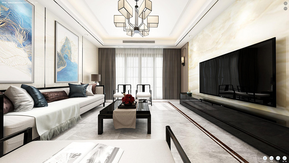 新中式風格室內裝修效果圖-佛山萬科城三居125平米-室內客廳裝修