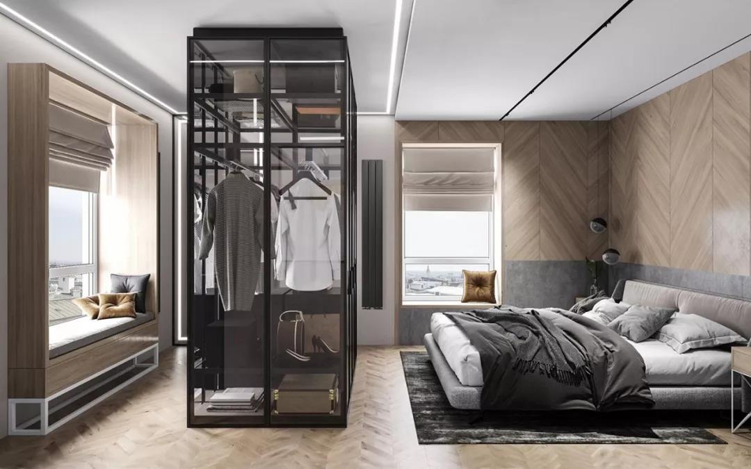 高級灰+原木色現代風格室內裝修設計效果圖-萬達華府四居140平米-主臥