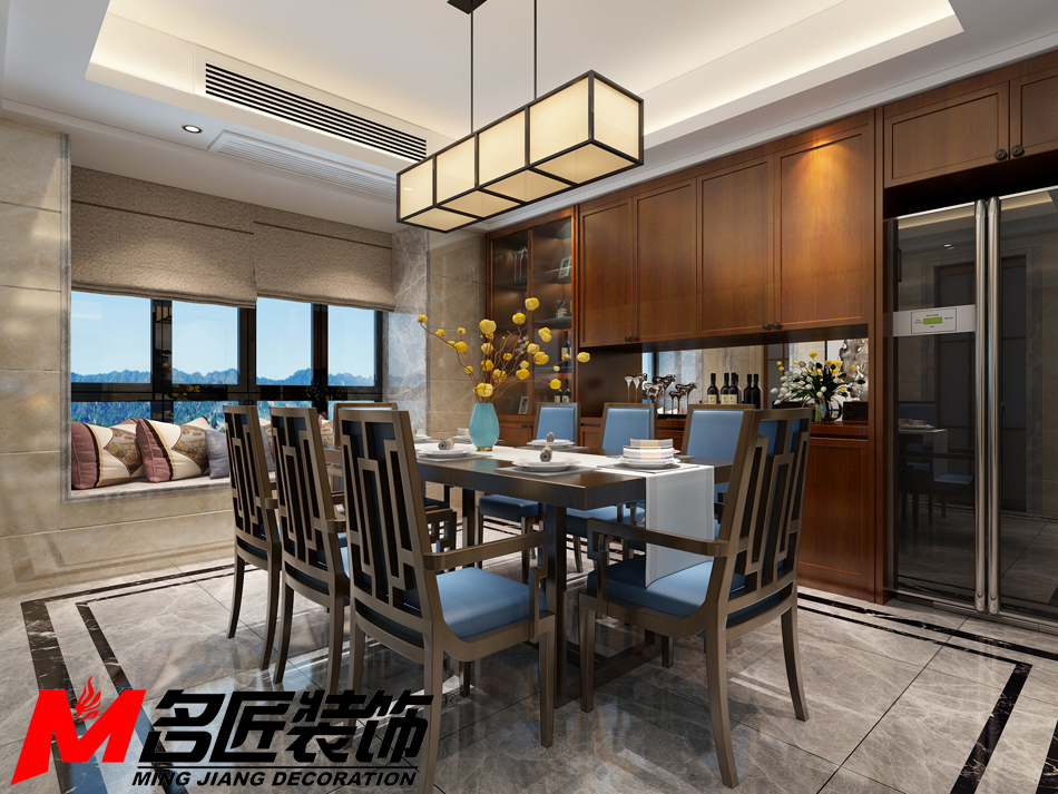 新中式風格室內裝修設計效果圖-御景江南三居133平米-室內裝修設計餐廳