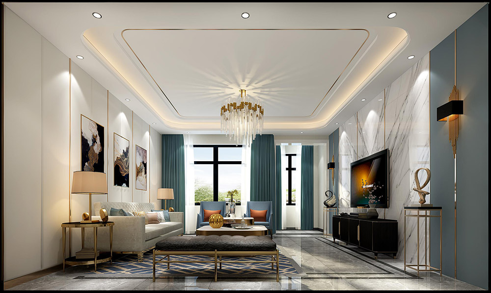 現代輕奢風格別墅裝修效果圖-奧新三期別墅260平米-客廳