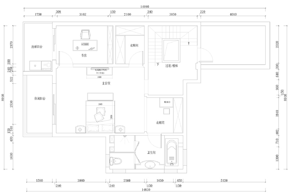 裝修案例經典美式風格別墅裝修效果圖-三層布局圖
