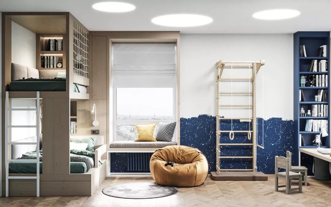 高級灰+原木色現代風格室內裝修設計效果圖-萬達華府四居140平米-兒童房