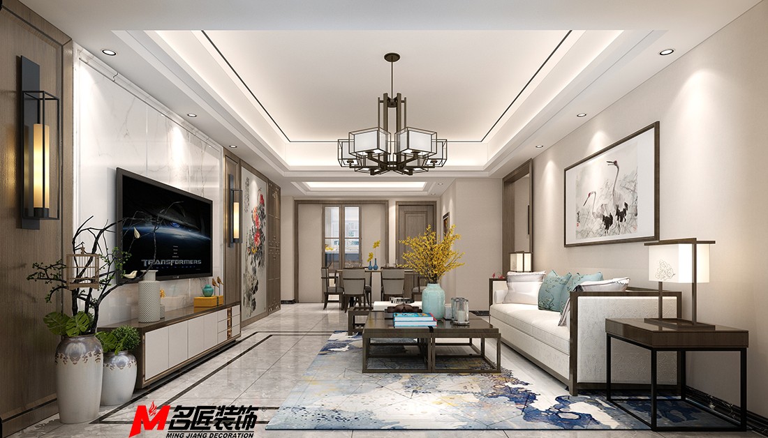 新中式風格室內裝修設計效果圖-中海寰宇三居123平米-室內裝修設計客廳