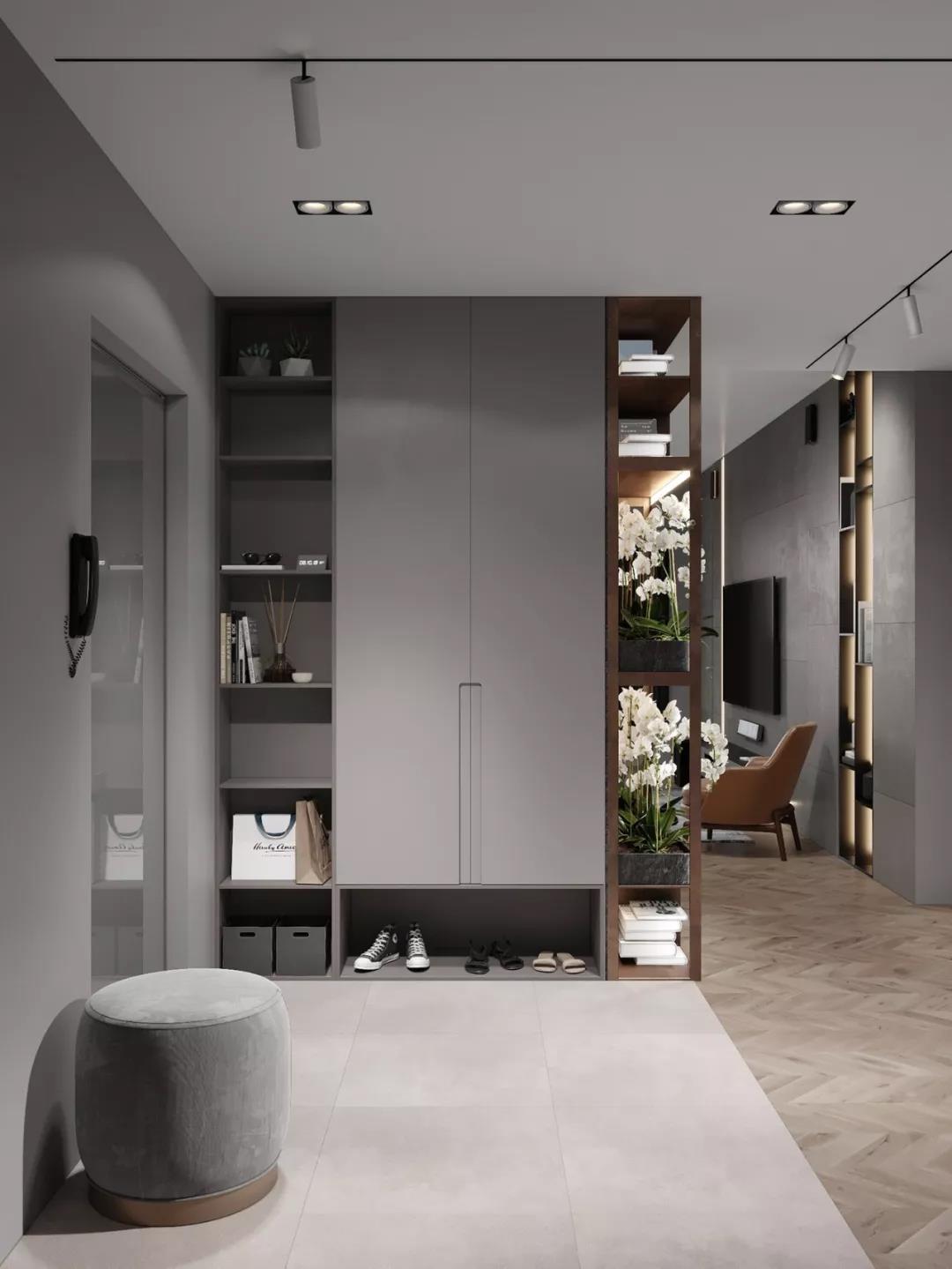 高級灰+原木色現代風格室內裝修設計效果圖-萬達華府四居140平米-玄關