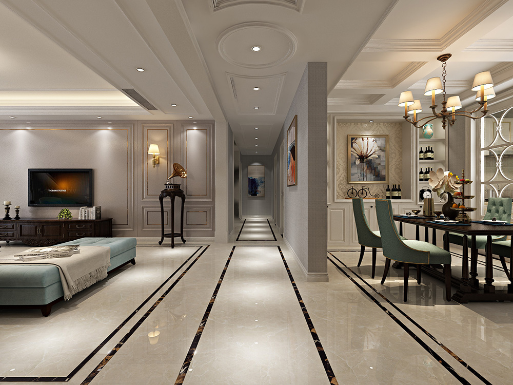 美式輕奢風格室內裝修設計效果圖-恒大濱江左岸四居133平米-室內走廊裝修設計