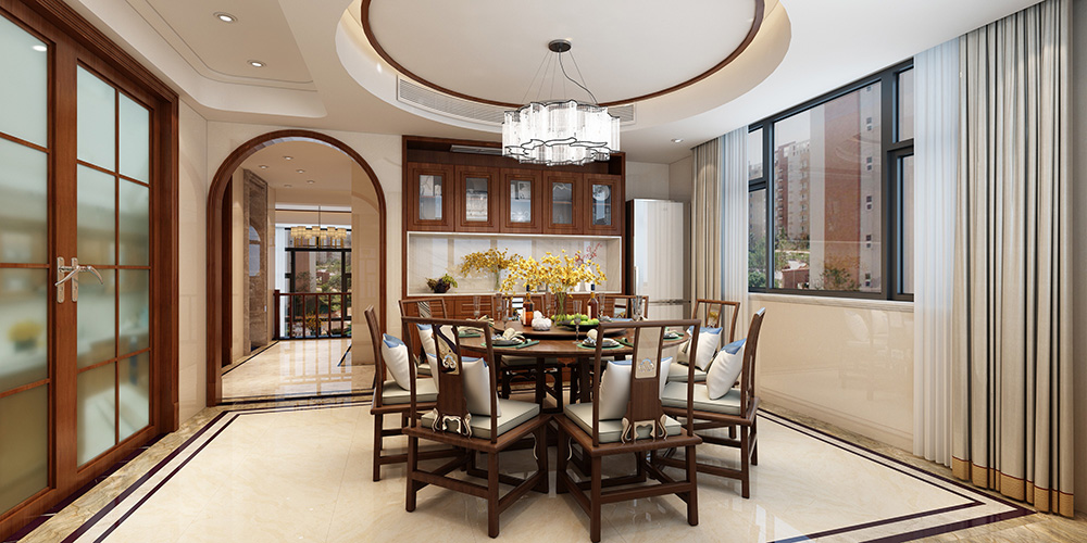 新中式風格室內裝修設計效果圖-博澳城復式235平米-室內餐廳裝修設計