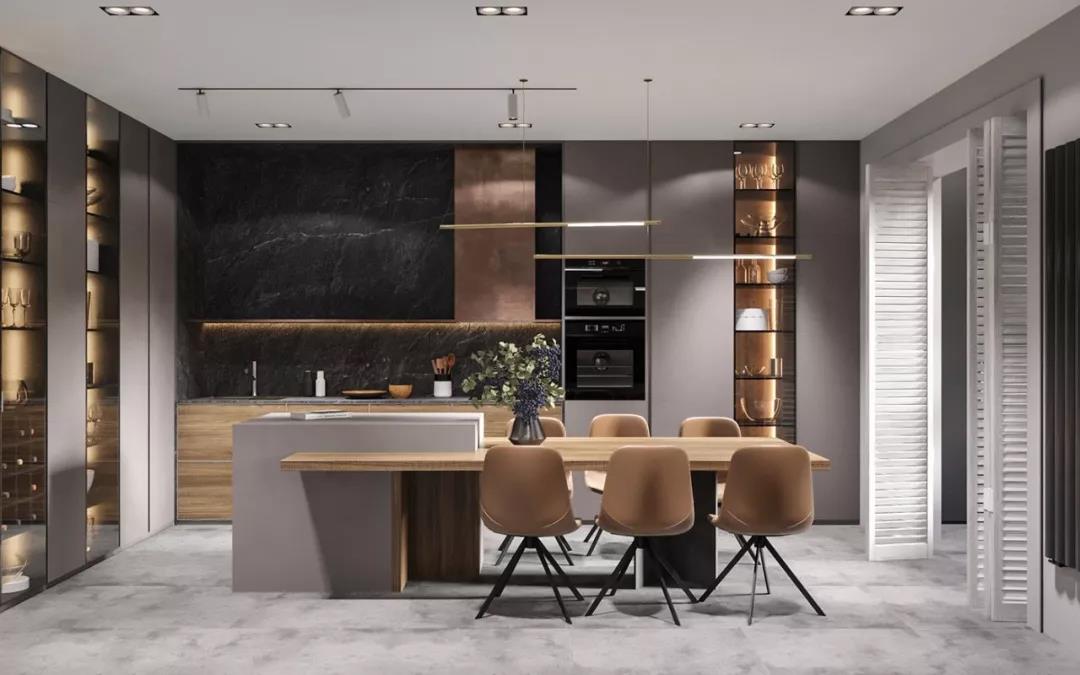 高級灰+原木色現代風格室內裝修設計效果圖-萬達華府四居140平米-餐廳
