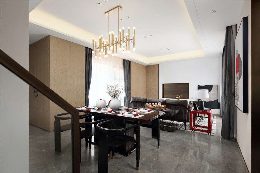 新中式風格別墅家裝案例效果圖-餐廳樓梯