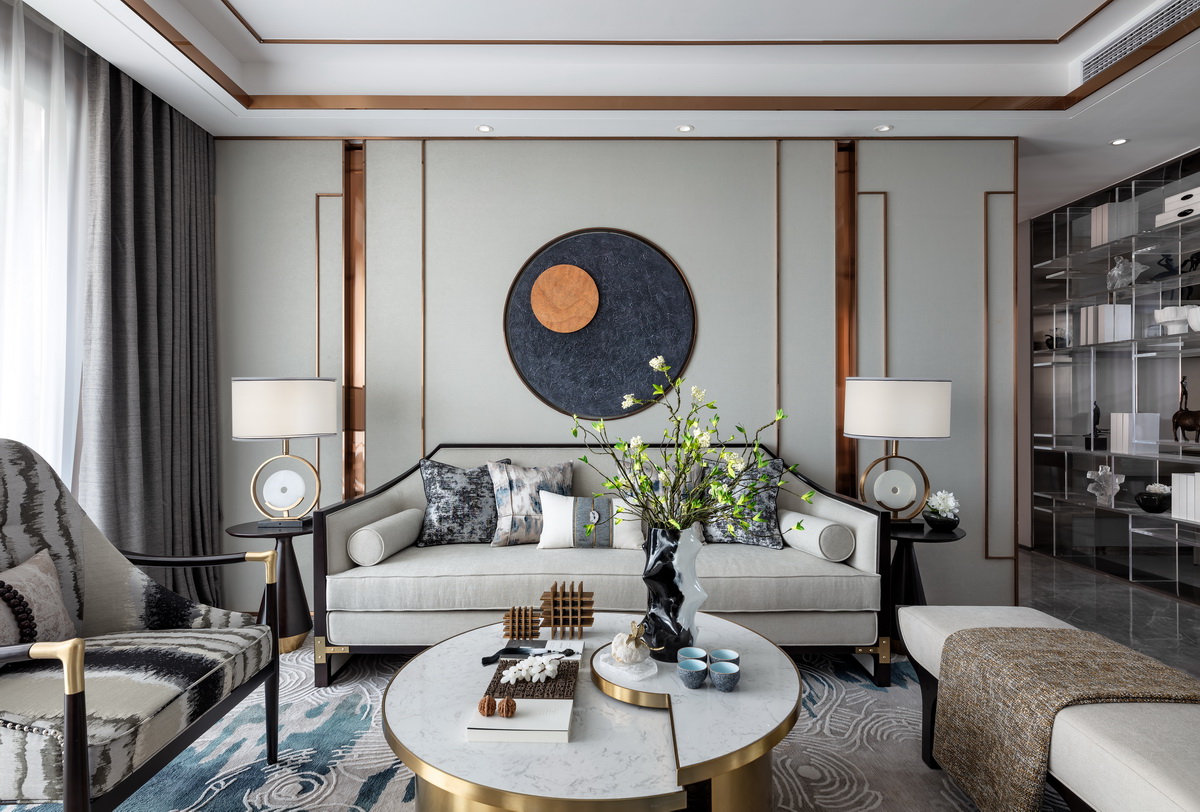 簡約新中式風格室內家裝案例效果圖-客廳沙發背景墻