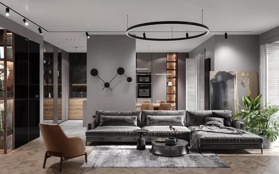 高級灰+原木色現代風格室內裝修設計效果圖-萬達華府四居140平米-客廳
