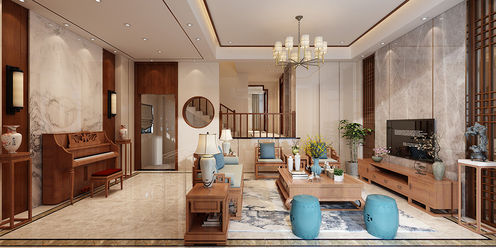 新中式風格室內裝修設計效果圖-博澳城復式235平米-室內客廳裝修設計
