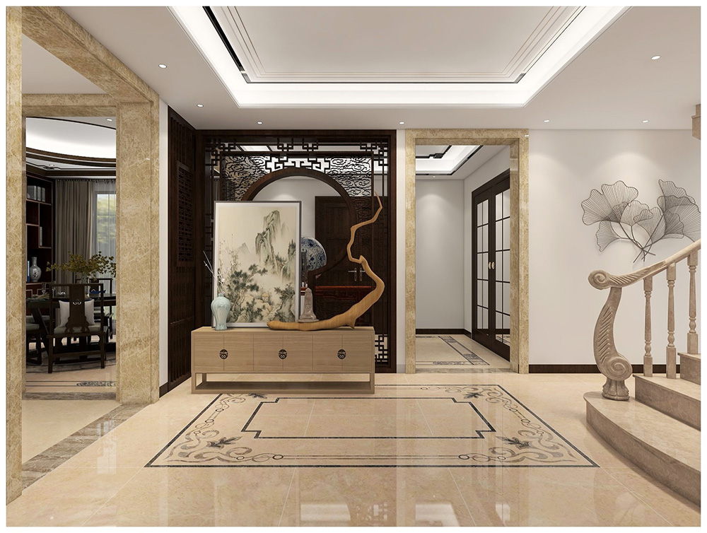 新中式風格別墅裝修設計效果圖-美的海岸花園別墅366平米-別墅走廊裝修設計