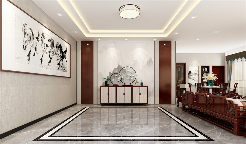 廣州市新世界凱粵灣新中式風格三居室裝修案例